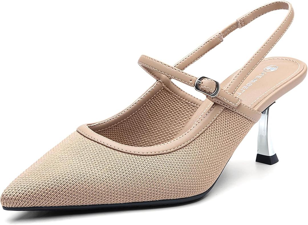 NEWBELLA Women's Slingback Kitten Heel Pointed Closed Toe Sandals with Back Strap, Elegant Low Heel Dress Shoes for Party Office Wedding