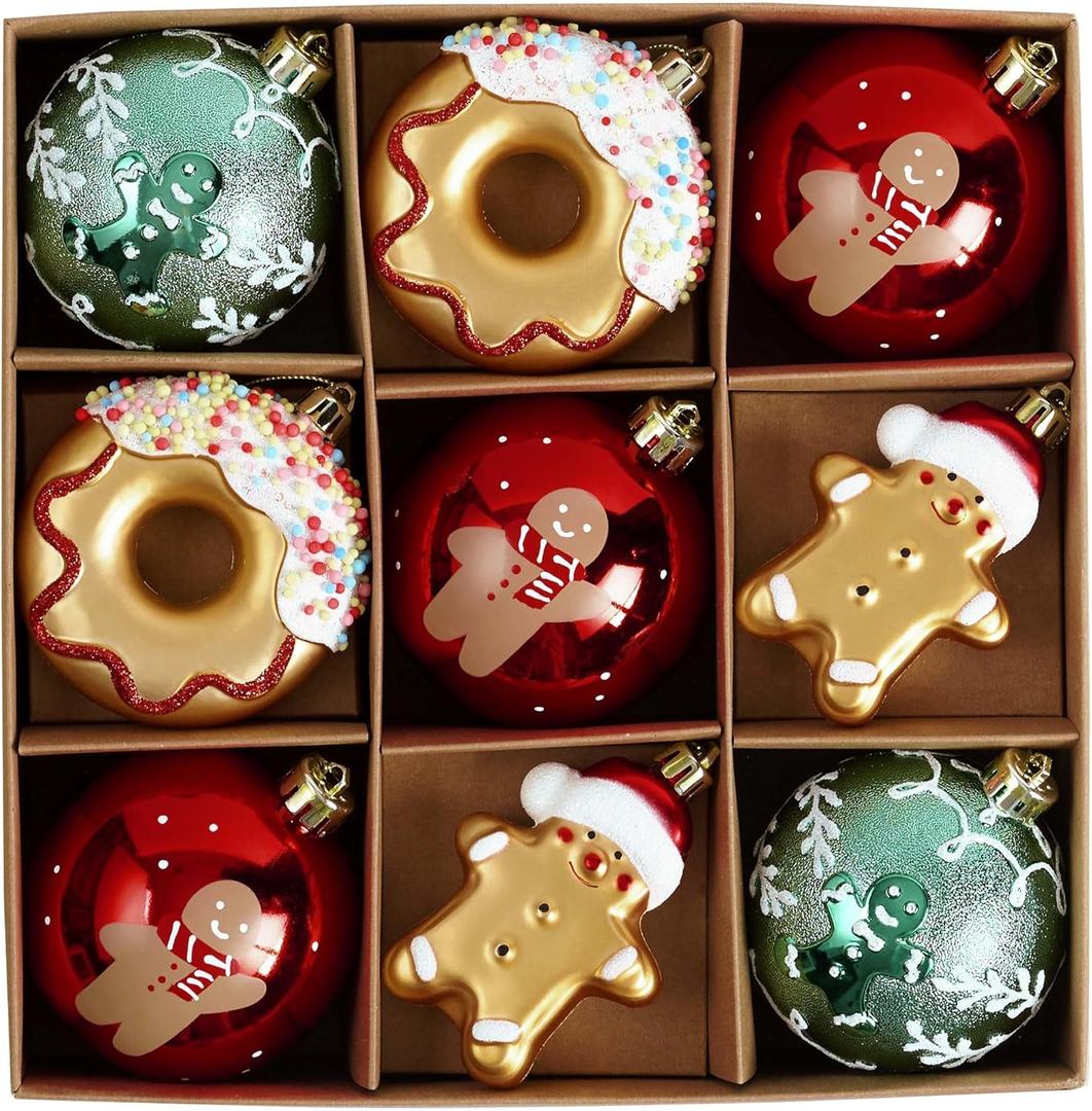 DecorbyHannah Large Gingerbread Christmas Ornaments Set, 9ct 3.15 inches Red Green Gold Ornaments for Christmas Tree Decorations, Shatterproof Plastic Hanging Balls Bulk for Xmas Indoor Party Decor