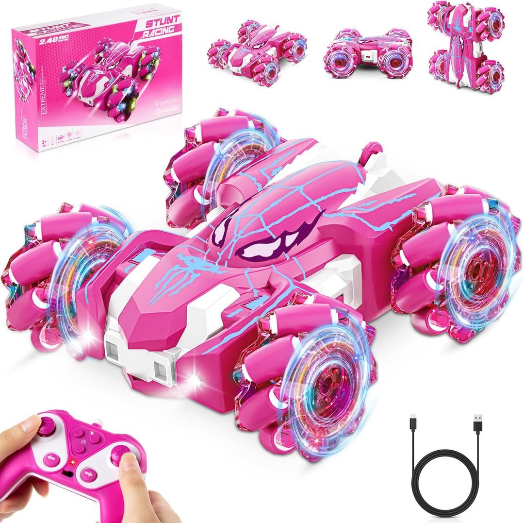 Spider Remote Control Car for Girls, Rechargeable RC Cars Toys with Cool Lights, 2.4Ghz Double Sided Drift RC Stunt Cars, 360°Rotating 4WD Off-Road Race Car for 4-6 6-12 Girl Kids Gifts