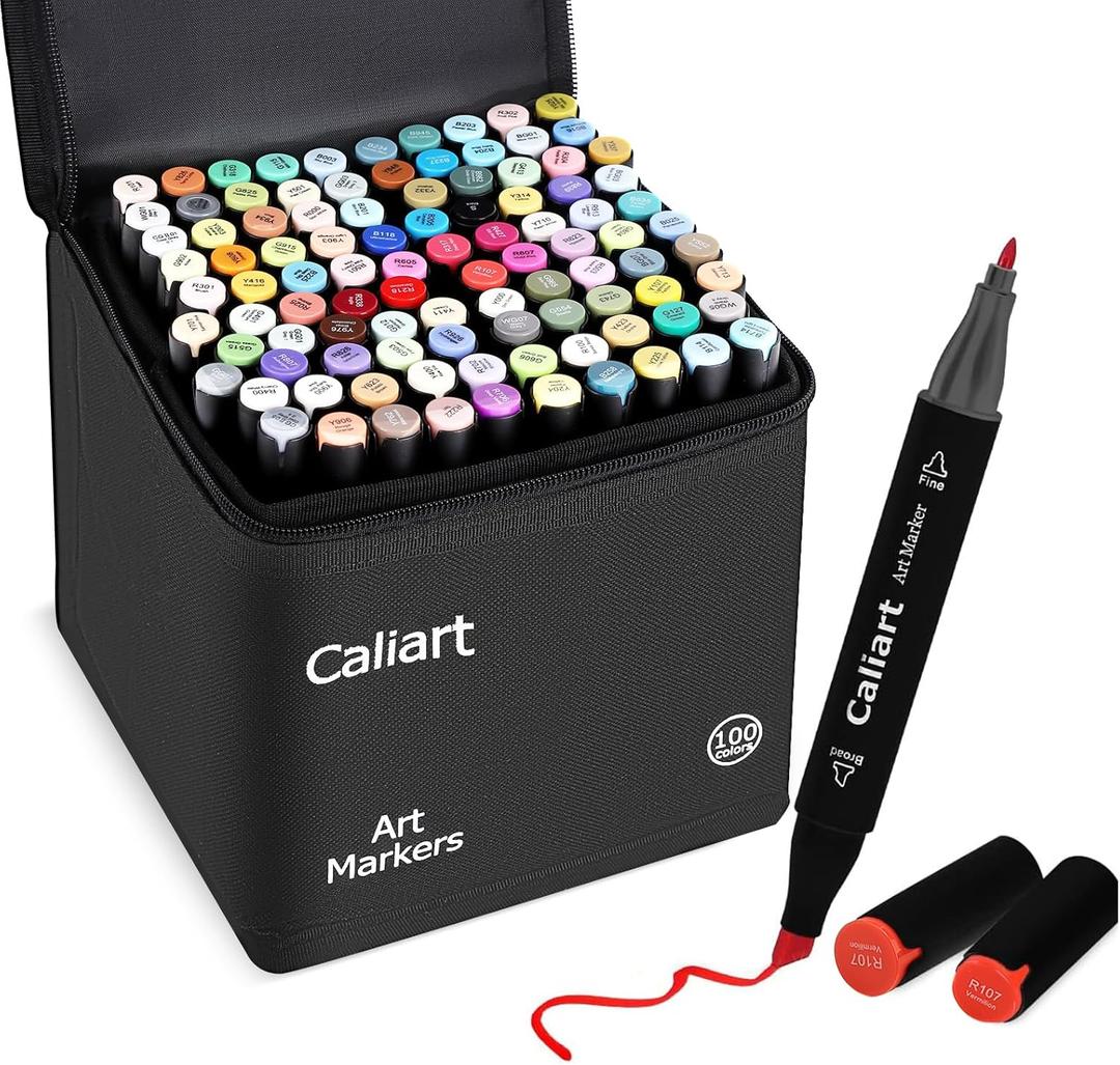 Caliart Markers, 100 Colors Dual Tip Art Markers Sketch Pens Permanent, with Case for Adults Artists Drawing Illustration Sketching Coloring (Black Barrel)