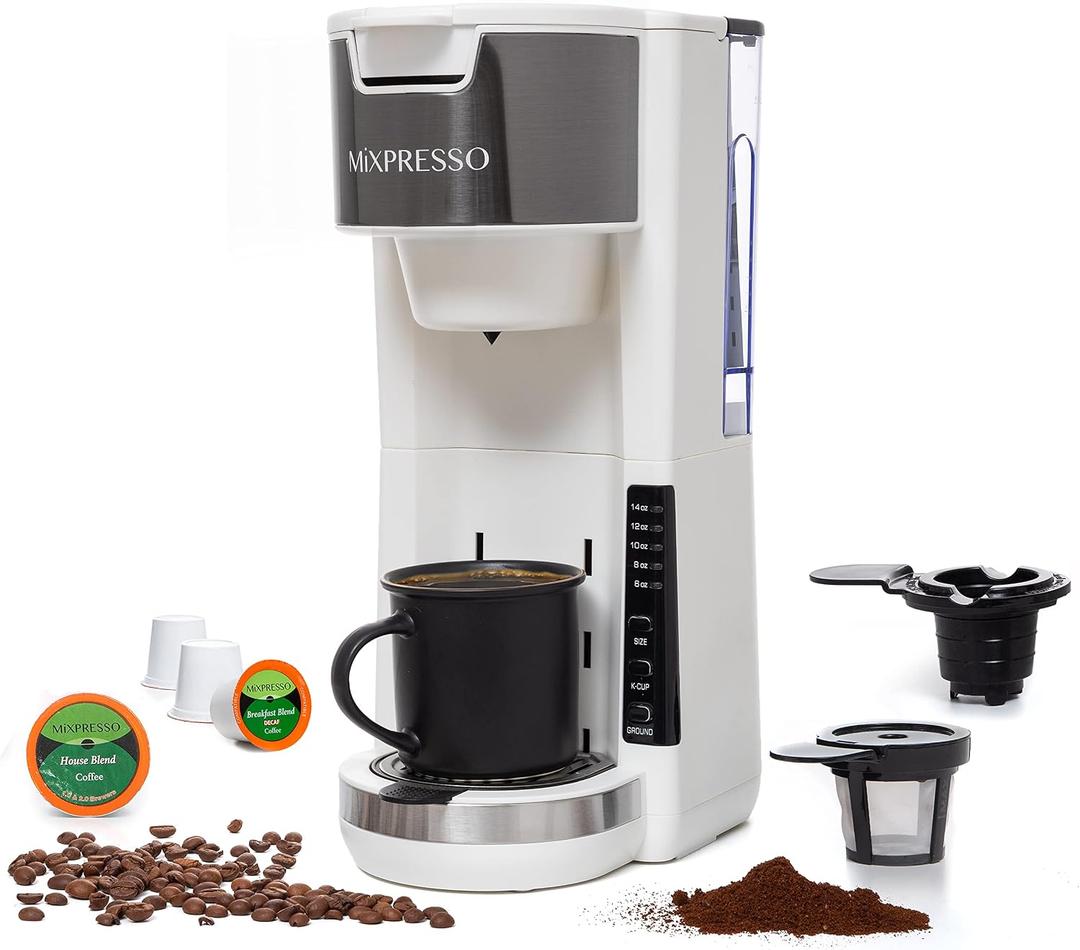 Mixpresso White Single Serve Coffee Brewer K-Cup Pods Compatible & Ground, 30 oz Compact Coffee Maker Single Serve With 5 Brew Sizes Up To 14 Oz, Fits Travel Mug, Adjustable Drip Tray