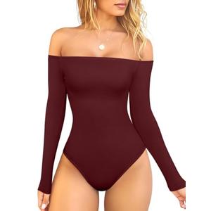 OQQ Bodysuits Womens Off-Shoulder Long Sleeve Seamless Shapewear Tops Darkred, Size M