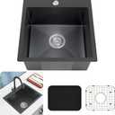 Black Kitchen Sink, Stainless Steel 18 x 18 Inch Top Mount Kitchen&Bar Sink Single Bowl Drop In Sink Set - Stainless Grid, Silicon Mat, Retracable Basket For Modern Stylish Kitchen, 16x18 inches