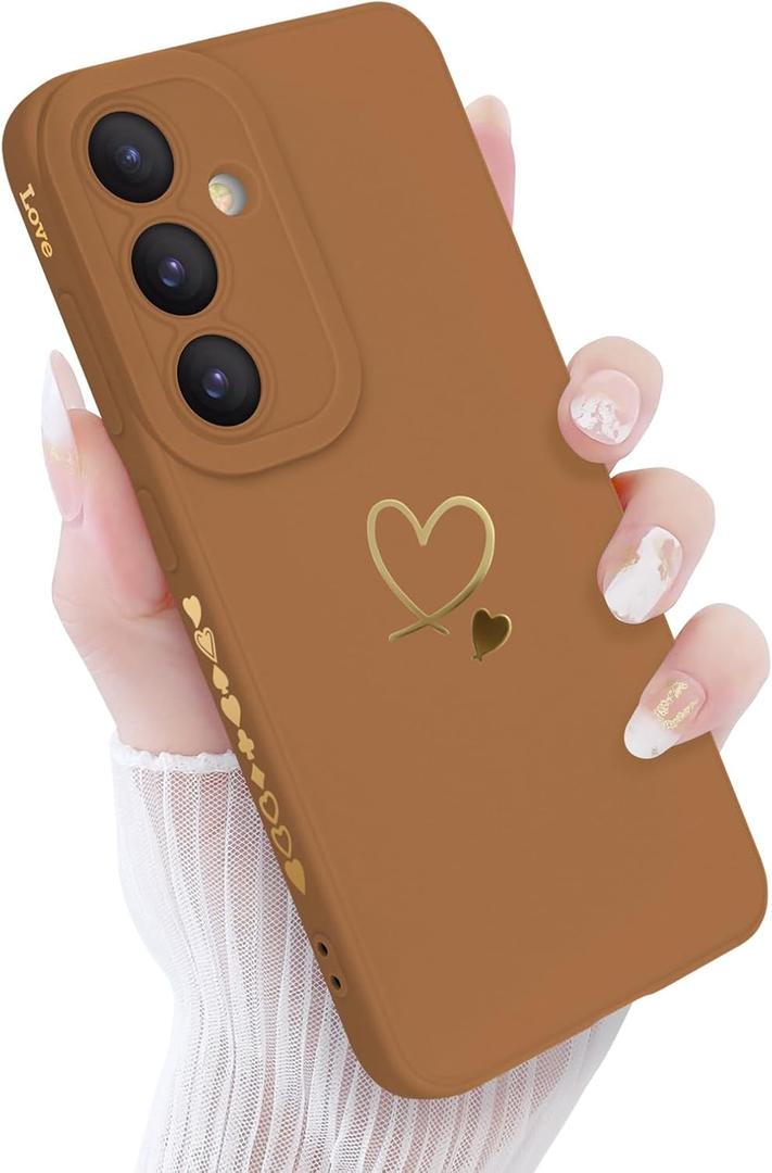 for Samsung Galaxy S25 Case Girls Women, Cute Love Heart Pattern Phone Case Flexible Liquid Silicone Shockproof Protective Bumper Cover for Samsung Galaxy S25-Coffee