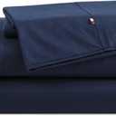 Tommy Hilfiger - Queen Size Sheets Set, Crisp & Tailored Cooling Sheets with a Naturally Smooth Cotton Percale Lightweight Feel - Bed Sheets with Matching Pillowcases & Fitted Sheet (Navy)