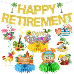 2 x Beach Retirement Party Decorations, Aloha Retire Party Decorations includes Happy Retirements Banner Tropical Hawaiian Retirement Party Decorations Hanging Swirls and Honeycomb Centerpieces