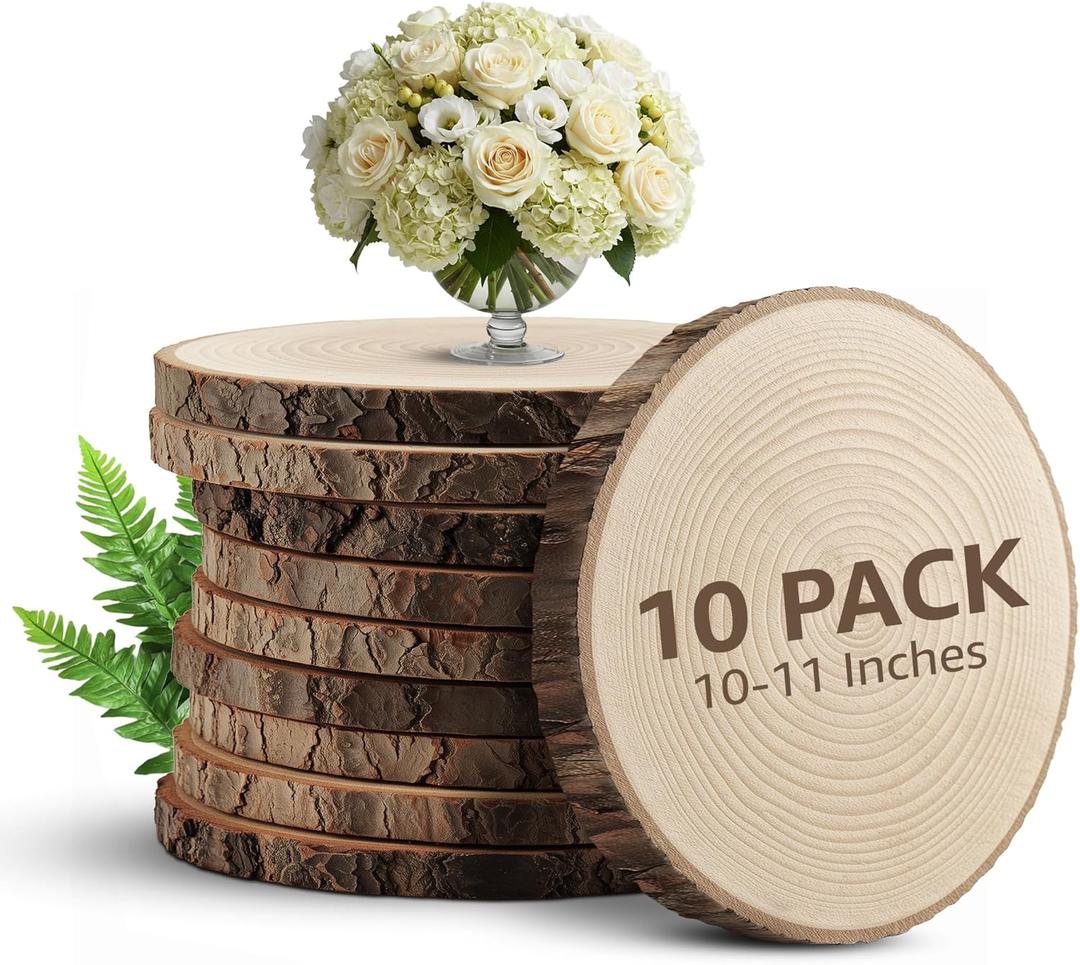 KARAVELLA Large Wood Slices for Centerpieces  Wood Centerpieces for Tables, Rustic Wedding Centerpiece, Natural Wood Slabs, Thin Slices 10-11 inches (10 Pack)