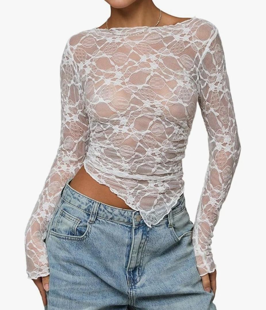 WDIRARA Women's Sheer Mesh Lace T Shirts Boat Neck Long Sleeve Asymmetrical Crop Tops Large