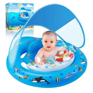 Baby Pool Float with Canopy UPF50+ Sun Protection, Inflatable Kids Pool Floats with Toy Play Console for Baby 6-36 Months, Infant Swimming Float with Adjustable Safety Seat for Boys Girls