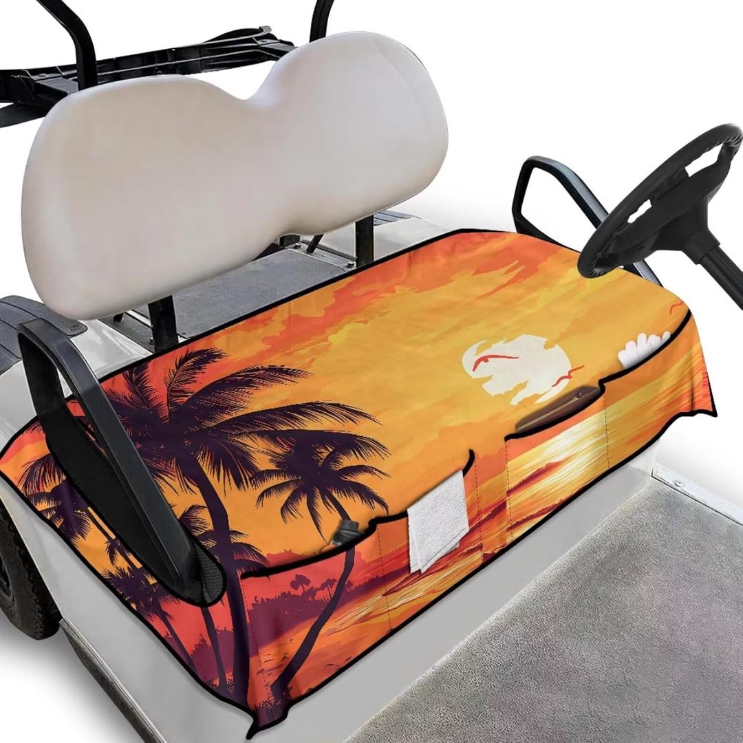 Universal Golf Cart Seat Covers for Women Men Non-Slip Golf Cart Seat Towel Blanket Golf Cart Accessories (Beach Palm Tree Sunset)