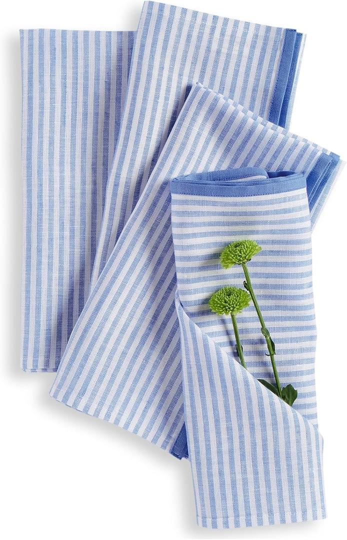 Solino Home Stripe Linen Dinner Napkins Set of 4-100% Pure Linen Cornflower Blue Cloth Napkins 20 x 20 Inch - Carmine, Handcrafted and Machine Washable - Winter, Spring, Easter