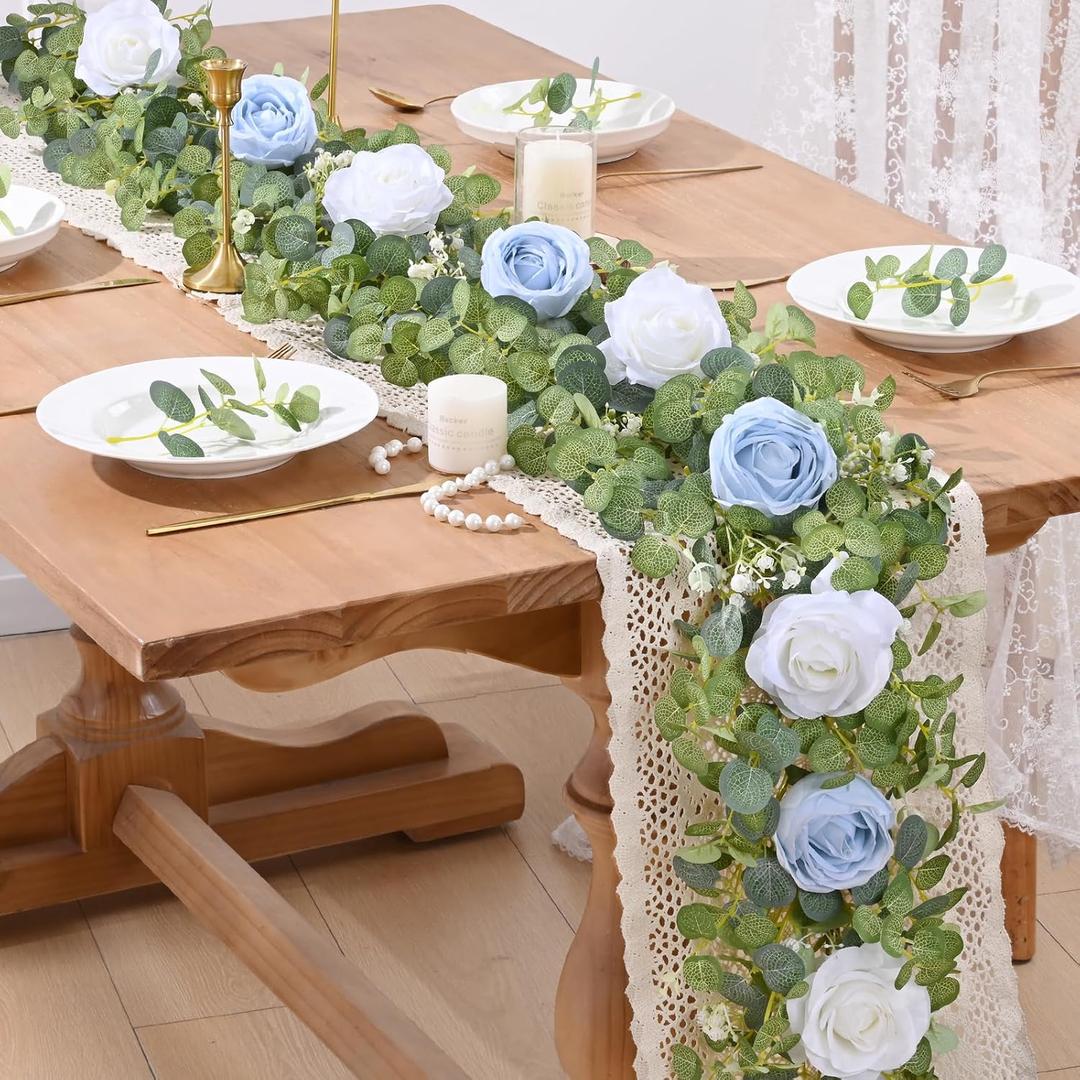 Waipfaru 2Pcs Artificial Eucalyptus Garland with Flowers, 6.07FT Fake Rose Greenery Floral Vines for Wedding Table Backdrop Party Centerpiece Room Decor (Blue)