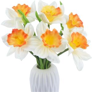 6 Pcs Artificial Daffodils Flowers Silk Daffodils Spring Artificial Flowers Yellow Narcissus Flowers Fake Silk Flower Arrangement for Home Wedding Decor Indoor Outdoor (Orange)
