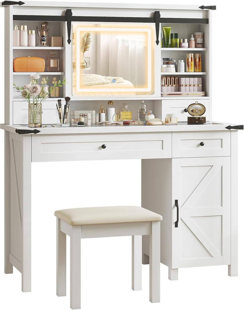 HOMCOM Farmhouse Vanity Desk with Mirror, Rustic Makeup Vanity Table with LED Lights, Cushioned Stool, 42 Inch Glass Tabletop, Drawers & Shelves & Cabinet, Dressing Table Set for Bedroom, White
