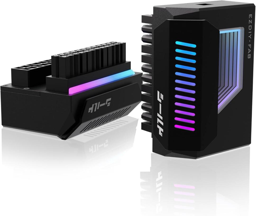 EZDIY-FAB Shield 24-Pin Angle Adapter with Infinity Mirror ARGB Light,ATX 24 Pin Power Connector, 5V 3pin ARGB Sync-180 Degree-Black-1 Pack