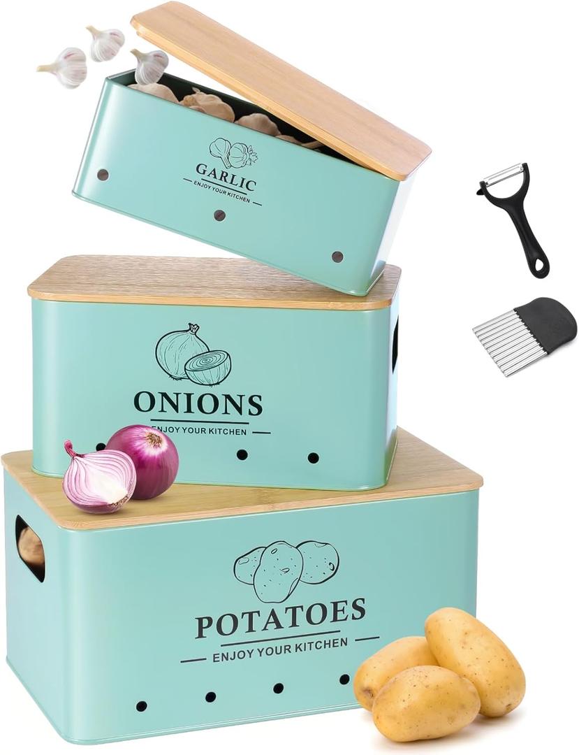 Kitchen Vegetable Storage Set of 3, Metal Onion Garlic Potato Storage Set, Kitchen Canisters Vegetable Keeper Containers with Aerating Holes and Wooden Lid (Blue)