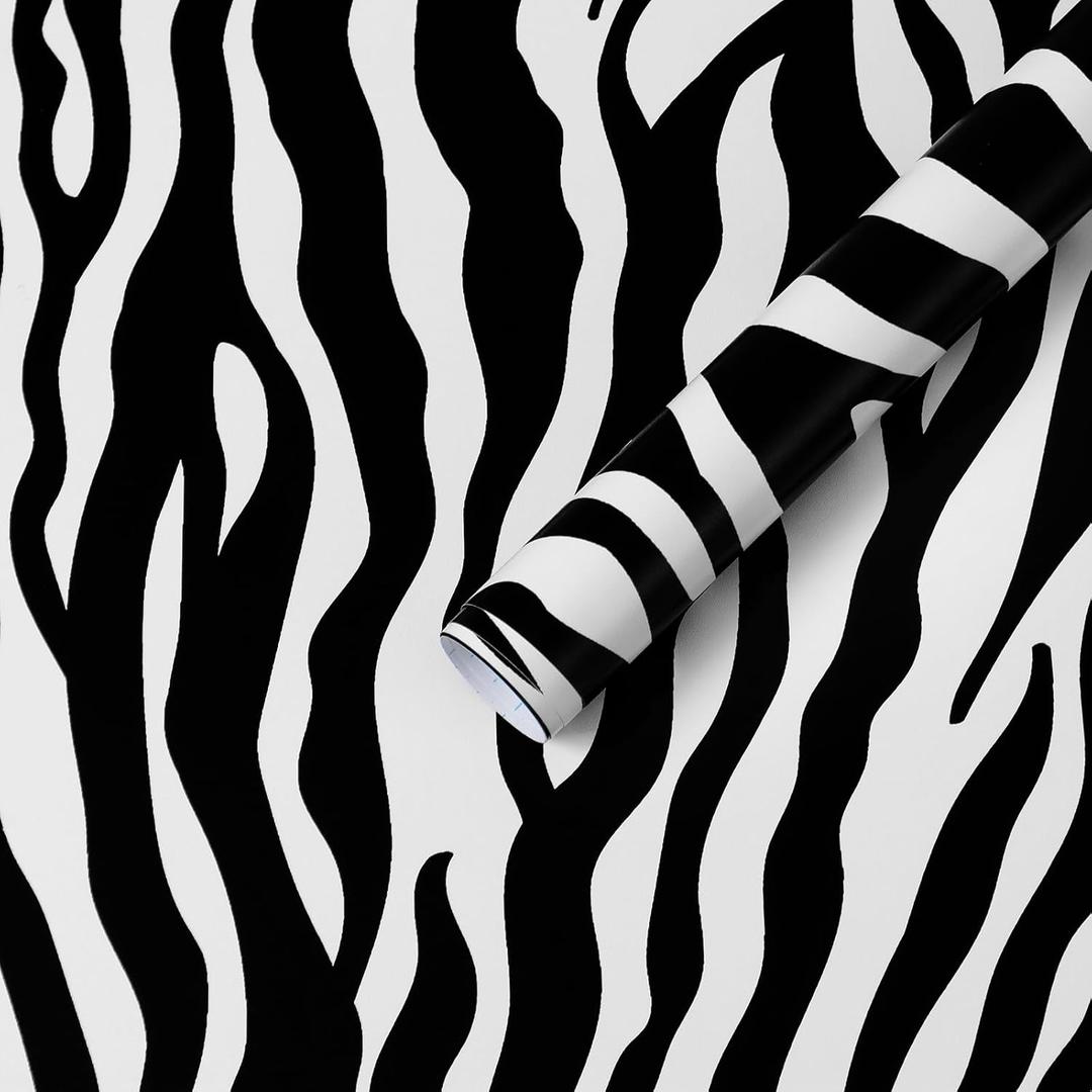 Zebra Peel and Stick Wallpaper Geometric Wall Paper Black and White Zebra Contact Paper for Bedroom Waterproof Removable Shelf Liner Decal Vinyl Roll 17.3"78.7"