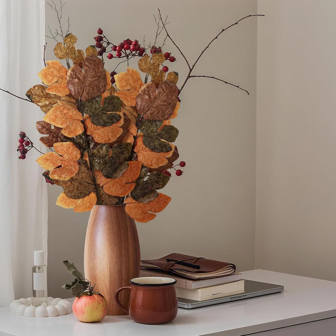 Giegxin 52 Inch Fall Decoration Large Fig Leaf Thanksgiving Decor 3 Pcs Artificial Olive Green Tan Fig Leaves Branches for Mantle Wardrobe Table Centerpiece Autumn Decor