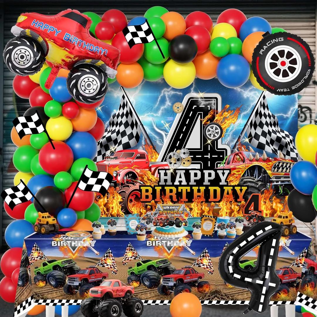 Monster truck 4th Birthday Decorations For Boys,Number 4 Foil Balloon,Race Car Theme Party Supplies,Backdrop, Banner, Cake Topper