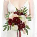 Rinlong 9" Burgundy Wedding Bouquet for Bride Fall Bridal Bouquet Artificial Flowers Marsala Red Silk Bouquet for Wedding (one)