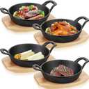 Sliner 4 Sets Mini Cast Iron Skillet Small Cast Iron Plates Skillet with Wooden Base Small Round Pan Fajita Plate Pot for Baking Cooking(7.9 Inches)