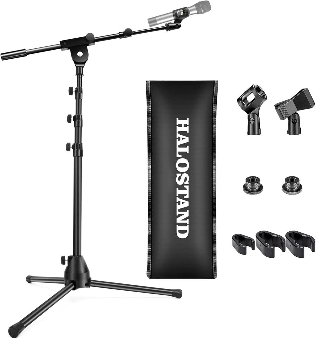 Microphone Stand Floor Foldable Mic Stand Heavy Duty Tripod Boom Arm with 2 Screws Adapter 2 Mic Clips 2 Foam Covers and Carrying Bag for Singing Karaoke Stage HLS02