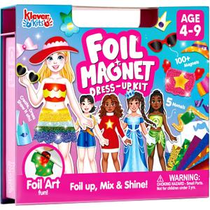 JOVA Klever Kits Foil Magnet Dress-Up Kit, 2-in-1 Fashion DIY Craft for Kids Paper Dolls for Girls Ages 4 5 6 7 8 9 Travel Activity Birthday Gifts with Display Box