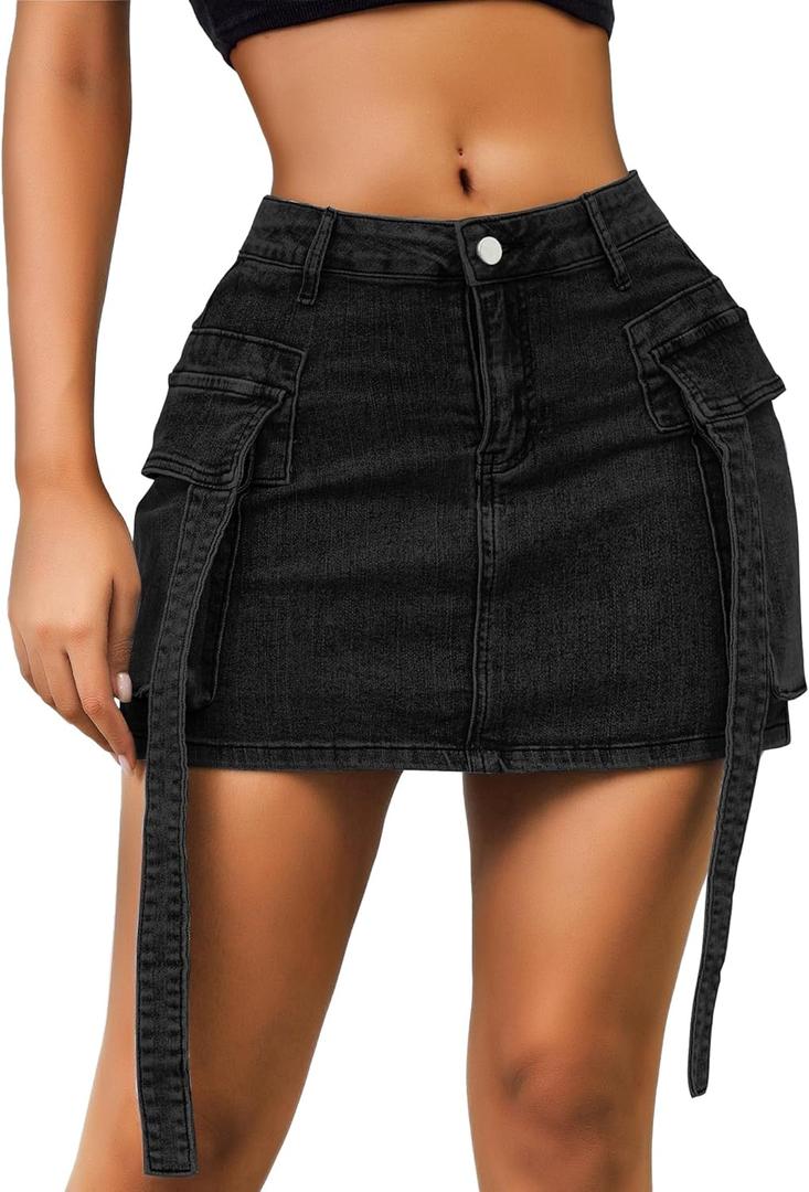 Womens Low Waist Denim Skirt Button Mini Cargo Jean Y2K Skirts with Pockets (Medium)