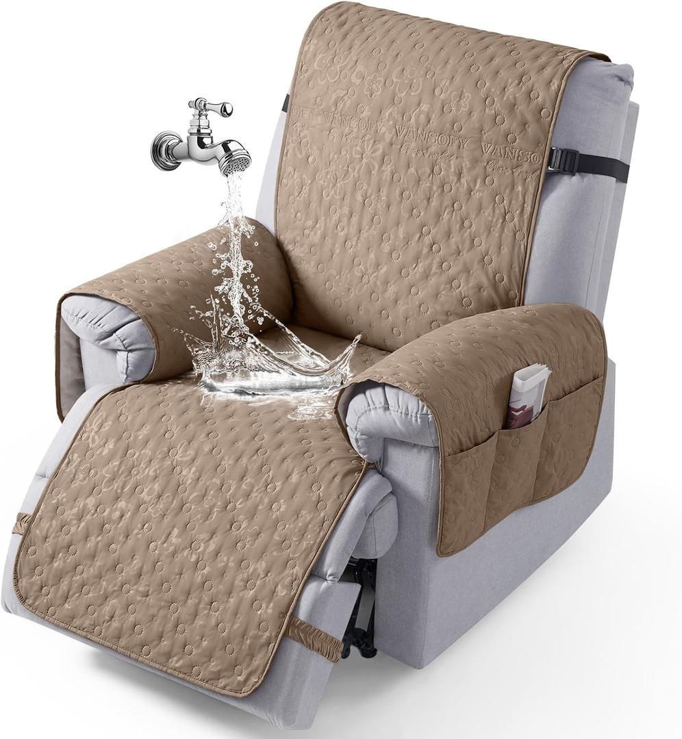 VANSOFY 100% Waterproof Recliner Chair Cover, Recliner Cover with Non-Slip Granule, Washable Reclining Chair with Pocket Furniture Protector for Kids, Pets(Light Brown, 20")