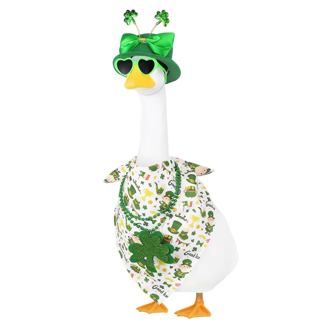 St.Patrick's Day Porch Goose Outfits,4 Pcs Lucky Shamrock Goose Outfit with Clover Bow Hat,Bibs,Necklace and Heart-Shaped Glasses,23" White Cement Goose Statue Costume for Garden Patio Yard Lawn(A)