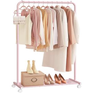 SONGMICS Clothes Rack with Wheels, Clothing Rack for Hanging Clothes, 25.4mm Metal Garment Rack with Dense Mesh Storage Shelf, 110 lb Load Capacity, 2 Brakes, Pink UHSR025P01
