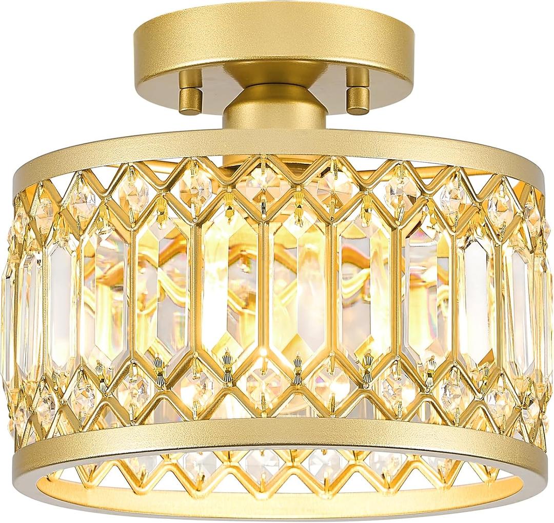 YURNYQ Crystal Ceiling Light Fixture, Modern Semi Flush Mount Ceiling Light, Gold Lighting Fixtures Ceiling Lamp for Hallway, Kitchen, Entryway, Bedroom, Laundry Room, 9.05 Inch