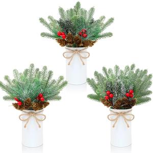Christmas Table Centerpiece Set of 3 - Artificial Pine Branches Tabletop Decorations Small Christmas Faux Greenery Stems Snowy Arrangements with Cones Berries for Farmhouse Winter Home Decor