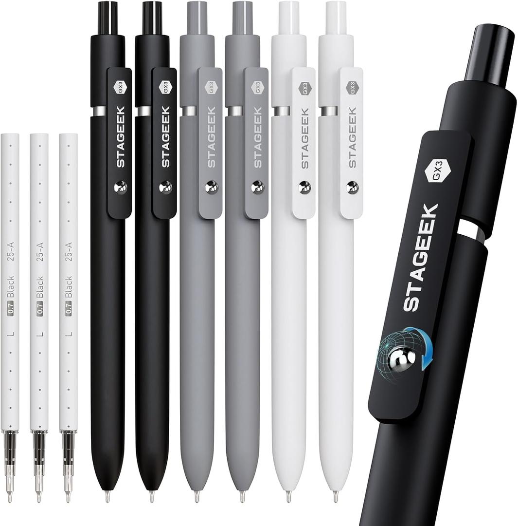 Black Gel Pens GX3, 6Pcs Fine Point Smooth Writing Pens with 3 Extra Refills, Black Ink Pens for Journaling, Office, Note Taking, School Supplies, Nurse Aesthetic(Black Gray White)