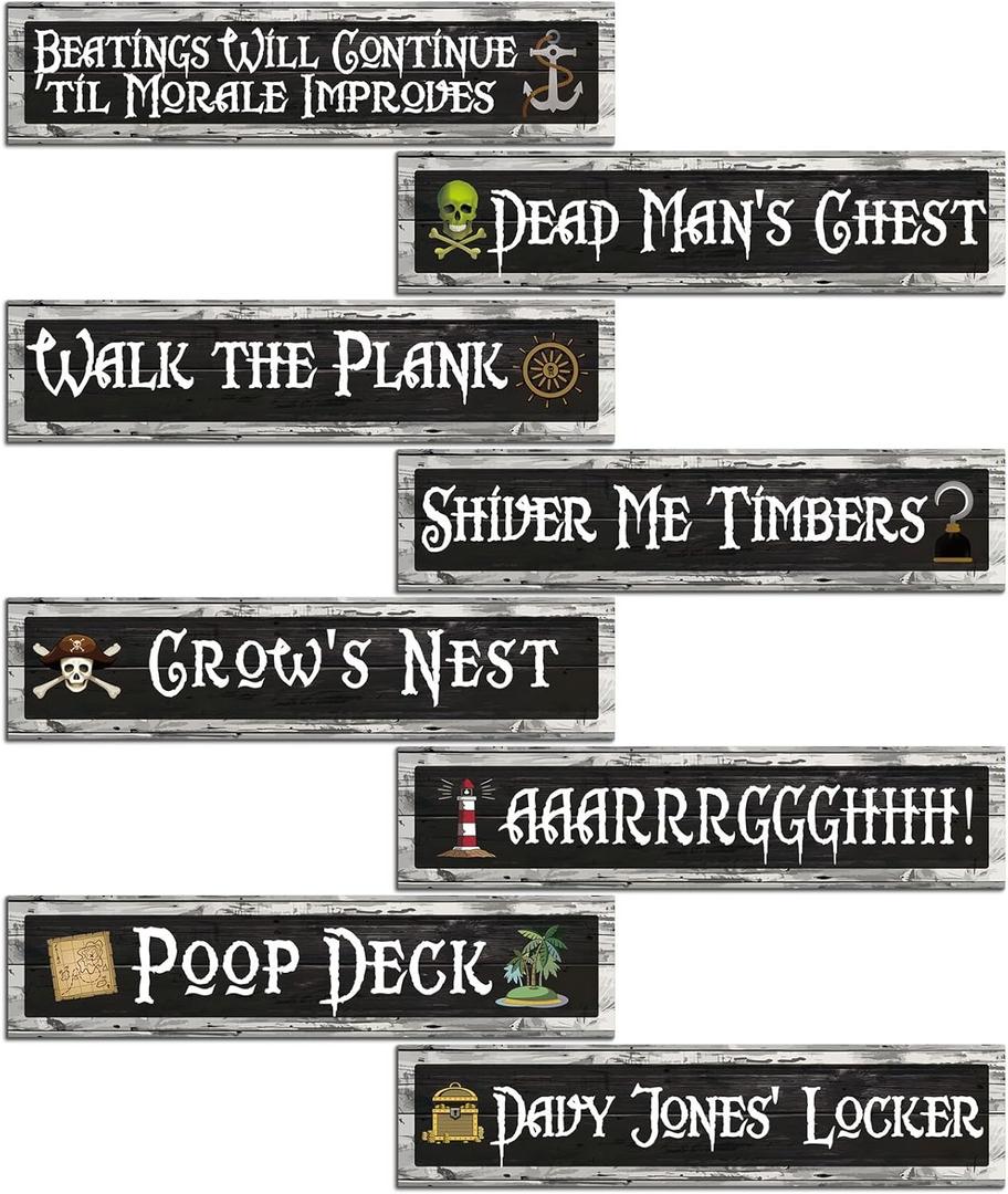 8 x 8 Pcs Pirate Sign Cutouts Set Pirate Party Signs Paper Cut Out Double Side Indoor and Outdoor Wall Decorations for Party Theme Events 11.81 x 2.76 Inch