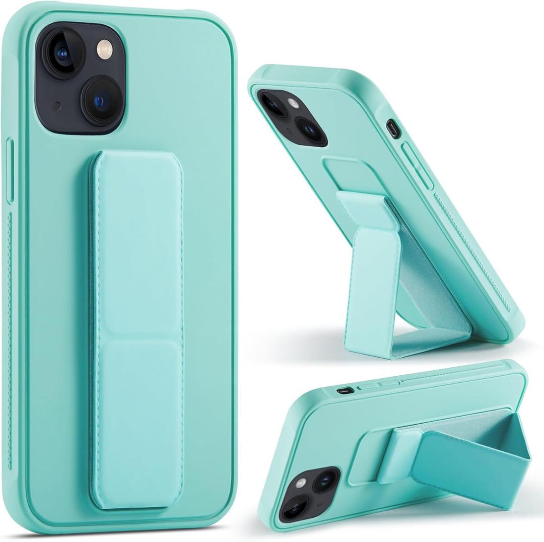 Varikke Compatible with iPhone 15 Case with Stand, Magnetic Vertical & Horizontal Kickstand Hand Strap Protective Phone Case, Candy Color Cute Thin Slim Hybrid Silicone Cover 6.1 Inch, Mint