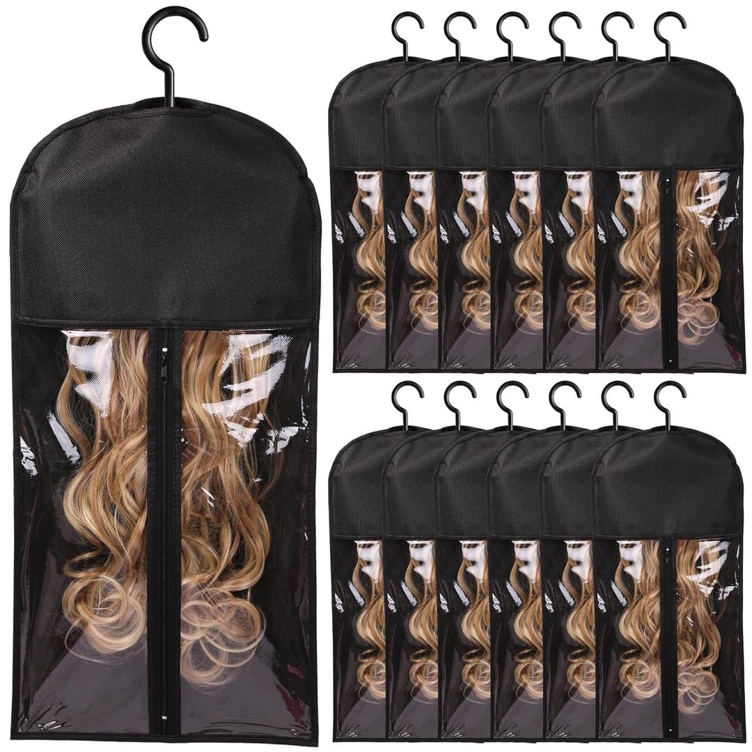 12PCS Hair Extension Holder Wig Storage for Multiple Wigs Holder Wig Bags Storage with Hanger Hair Extension Storage Wig Hanger for Multiple Wigs Hair Extensions, Wigs & Accessories (BLACK) (12 PCS (23.5 Inch))