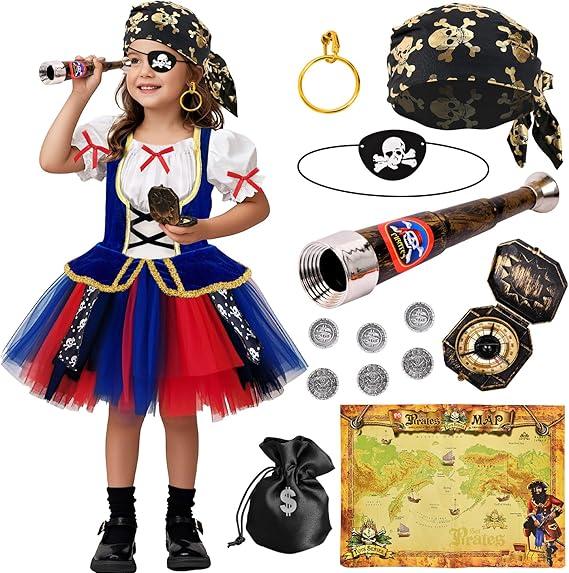 Latocos 14pcs Girls Pirate Costume Dress Kids Pirate Accessories Hat Eye Patch Halloween Dress Up Role Play Gift, XL