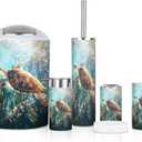 6 Piece Bathroom Accessories Set Sea Turtle Adventure Whimsical Kelp Forest Storybook Art Trash can Toilet Brush Holder Toothbrush Holder Toothbrush Cup Soap Dispenser Soap Dish for Home