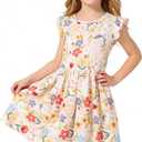 Girl's Summer Dresses Ruffle Sleeve Watercolor Flowers Sundress for Kids Casual Party (Pink)