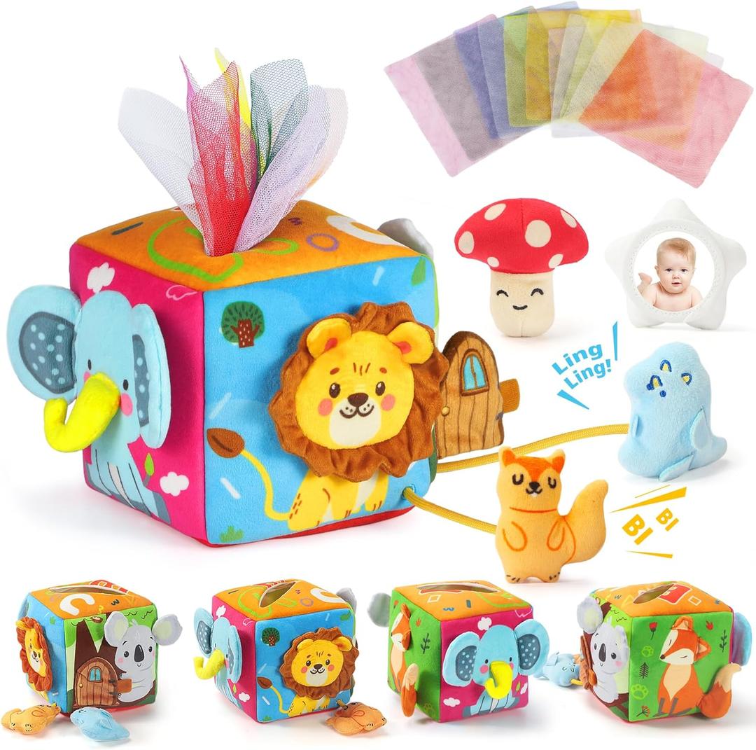 URMYWO Baby Tissue Box Toy, Montessori Sensory Toys 6-12 Months with Crinkle Paper & Scarves, Fine Motor Skills, Valentine's Day Easter Basket Stuffers, Gifts for Infants 6 9 12 18 Months Old (medium-large)