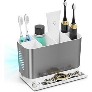 Bathroom Countertop Organizer with Front Ledge for Phone, Detachable Kids Toothbrush Holders with Cord Slots and Ring Holder, 6 Slots Toothbrush Toothpaste Holder with Drainage for Family (Silver)
