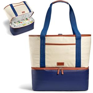 Fit & Fresh Dual Compartment Cooler Boat Tote, Beach Tote with 16-Can Insulated Leakproof Cooler Compartment, Canvas Soft Cooler with Accessory Pouch, Reusable Large Beach Bag for Pool & Beach, Navy