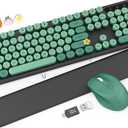 Wireless Keyboard and Mouse Combo - Cute Typewriter Keyboard with Detachable Wrist Rest, Retro Round Keycaps, Foldable Legs, 2.4GHz Keyboards for PC Laptop, Mac, Windows - Trueque (Black and Green)