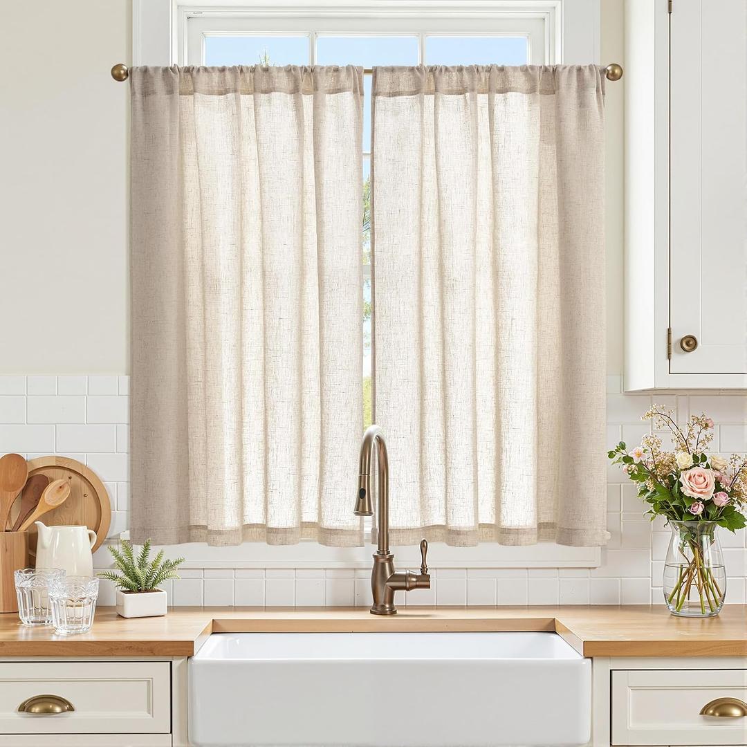 jinchan Kitchen Curtains Linen Tier Curtains 45 Inch Farmhouse Cafe Drapes for Small Window Flax Country Rustic Rod Pocket Bathroom Laundry Room RV Light Filtering 2 Panels Crude