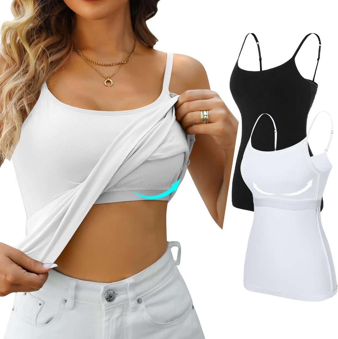 V FOR CITY Women's Shelf Bra Camisole Tops Adjustable Spaghetti Strap Cami Tank Cotton Undershirts 2 Pack (Black/White, Small)