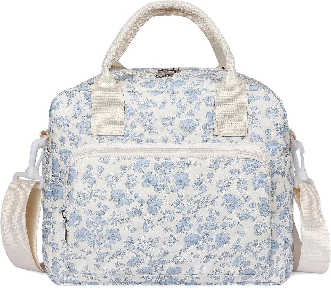 WOBAGMEN Quilted Lunch Box for Women, Insulated Lunch Bag for Adult,Cute Lunch Tote Bags for Work Picnic Travel (Blue Floral,M)