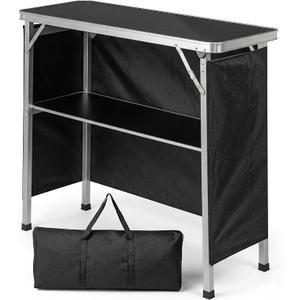 Portable Bar Table,Mobile Bar Table,Folding Tradeshow Podium Table with Carrying Case,Storage Shelf,for Events,Party,Camping,Picnic (Black)