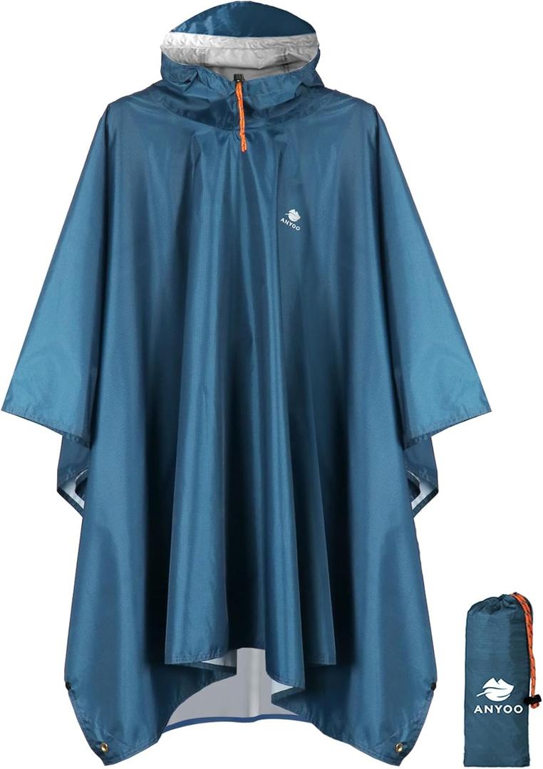 ANYOO Hooded Rain Poncho for Adults Waterproof Lightweight Rain Coat for Men Women Reusable Rain Jacket for Emergency Outdoor (Sea Blue)