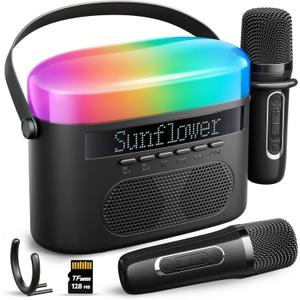 Karaoke Machine for Kids & Adults with 2 Wireless Mics 2400mAh Portable Bluetooth Karaoke Speaker with Timer White Noise & Night Light High Power Dual Speaker LED Display Home & Outdoor Party - Black